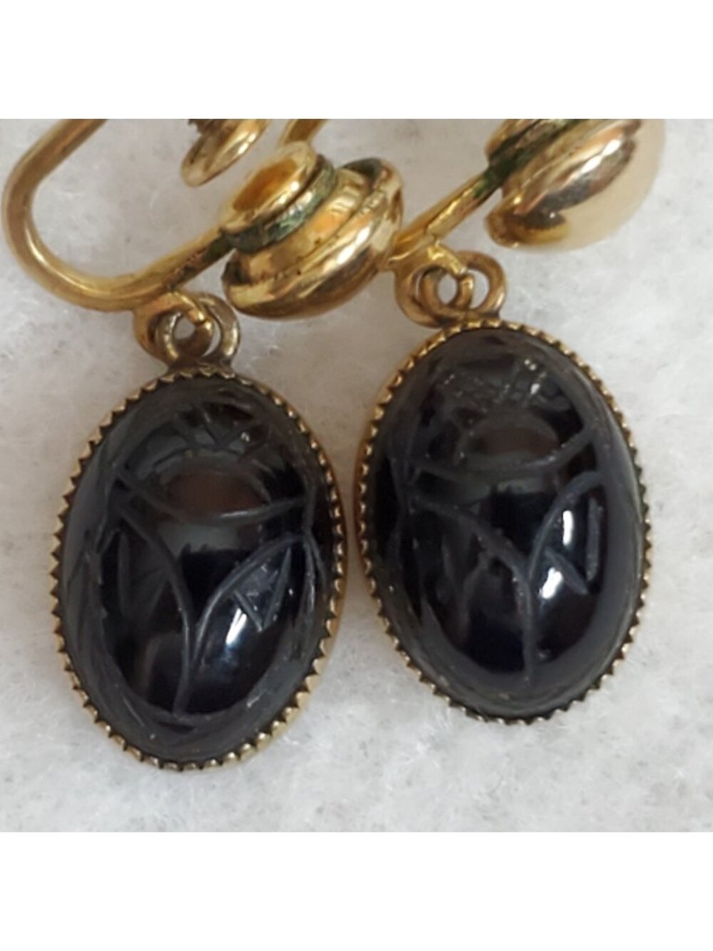 Vintage Scarab Earrings Black Dangle Gold Filled Screw Back 5/8"